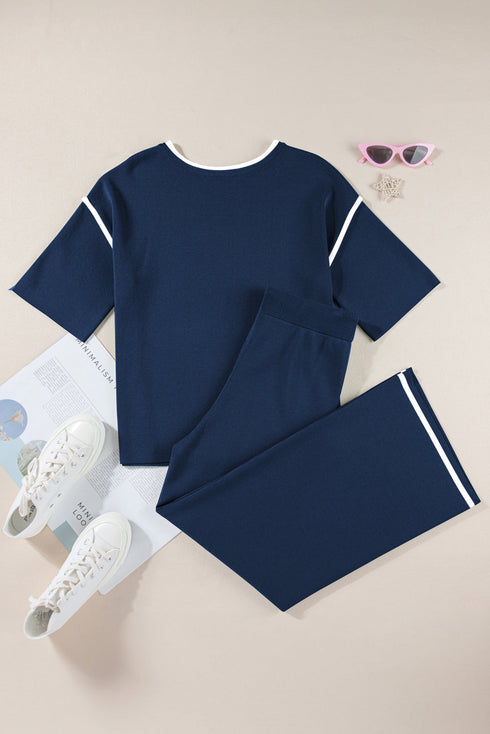 Contrast Trim Textured Knit Half Sleeve Drop Shoulder Drawstring Waist Wide Leg Two Piece Pant Set